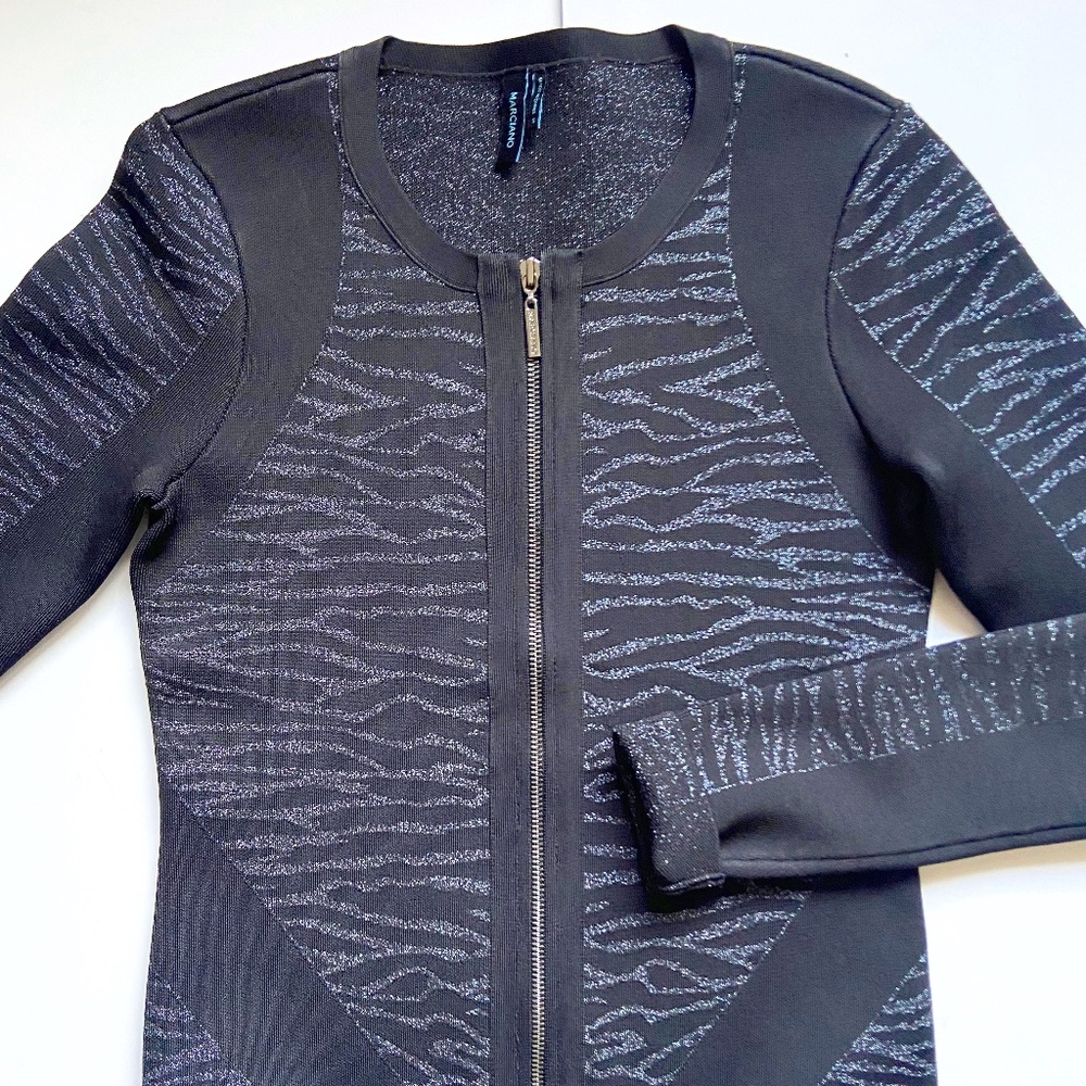 MARCIANO Black Silver Tiger Zebra Liquid Knit Sweater Moto Jacket Mob Chic